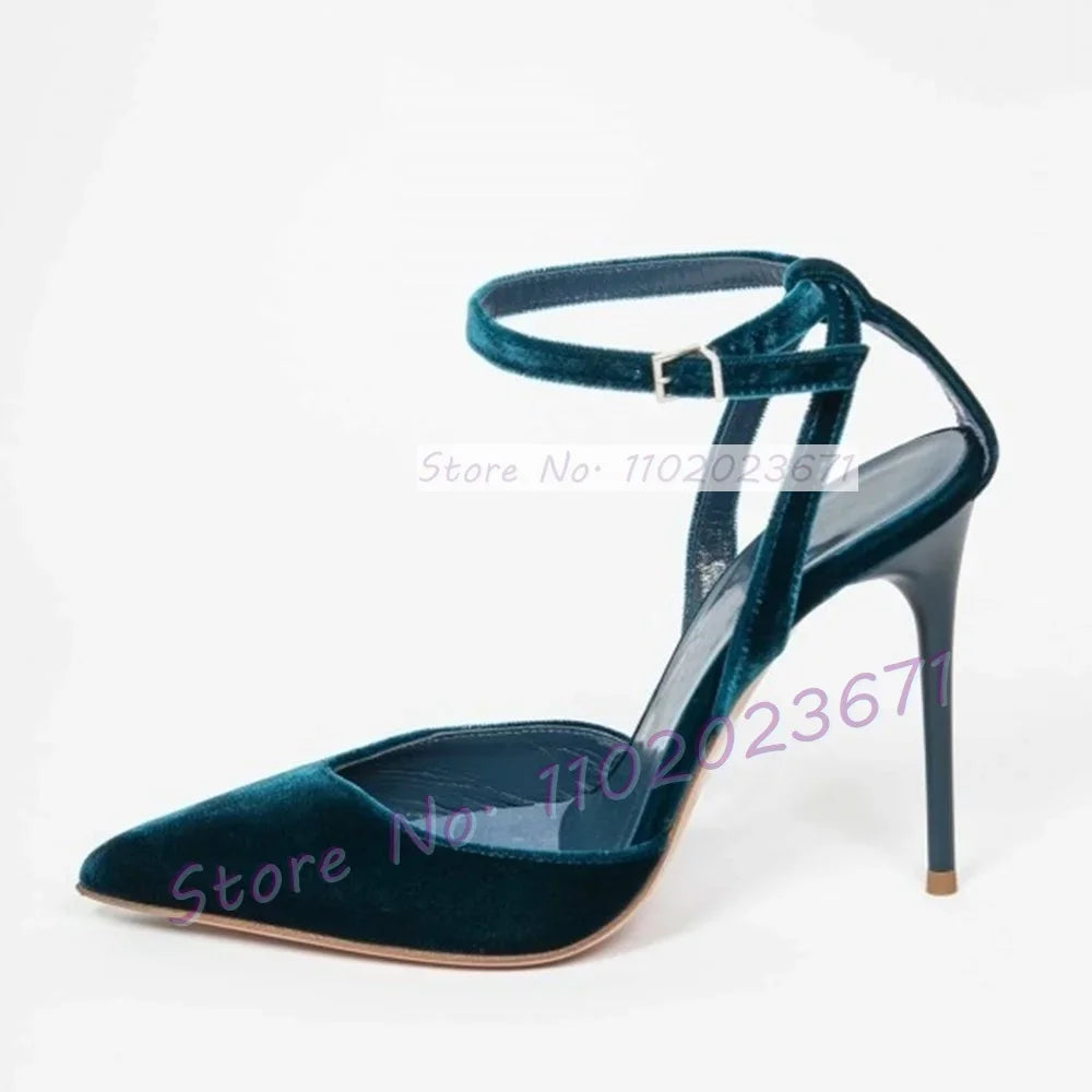 Blue Velvet Pointed Toe Stiletto Sandals with Buckle Ankle Strap for Women
