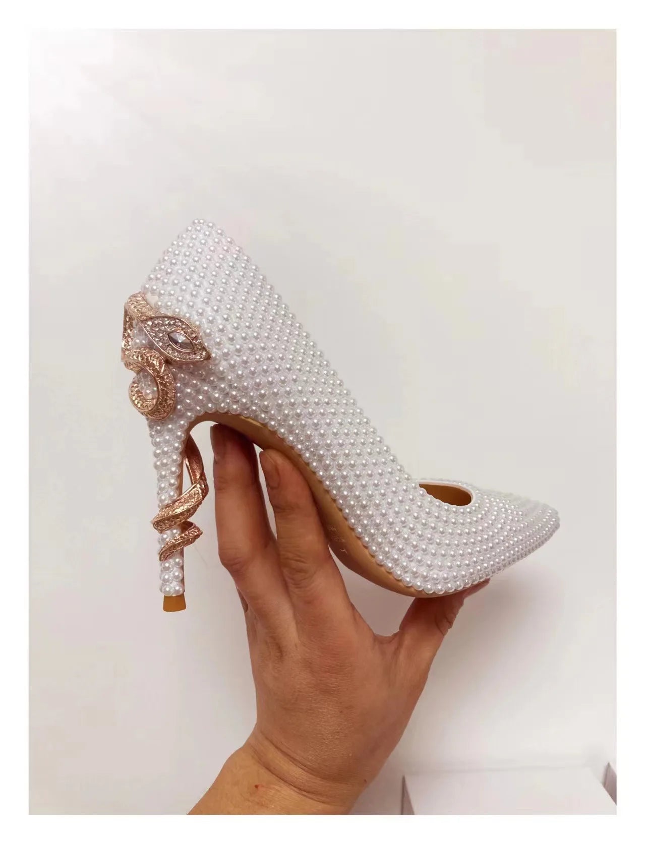 Golden Pearl Embellished Bridal High Heel Pumps For Women
