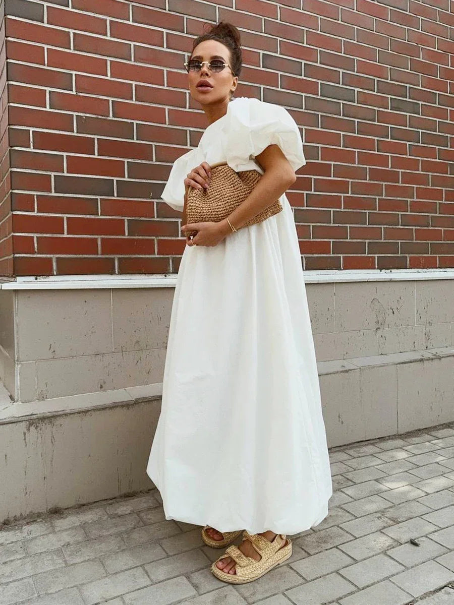 Oversized Cotton Bubble Sleeve Long Dress for Women