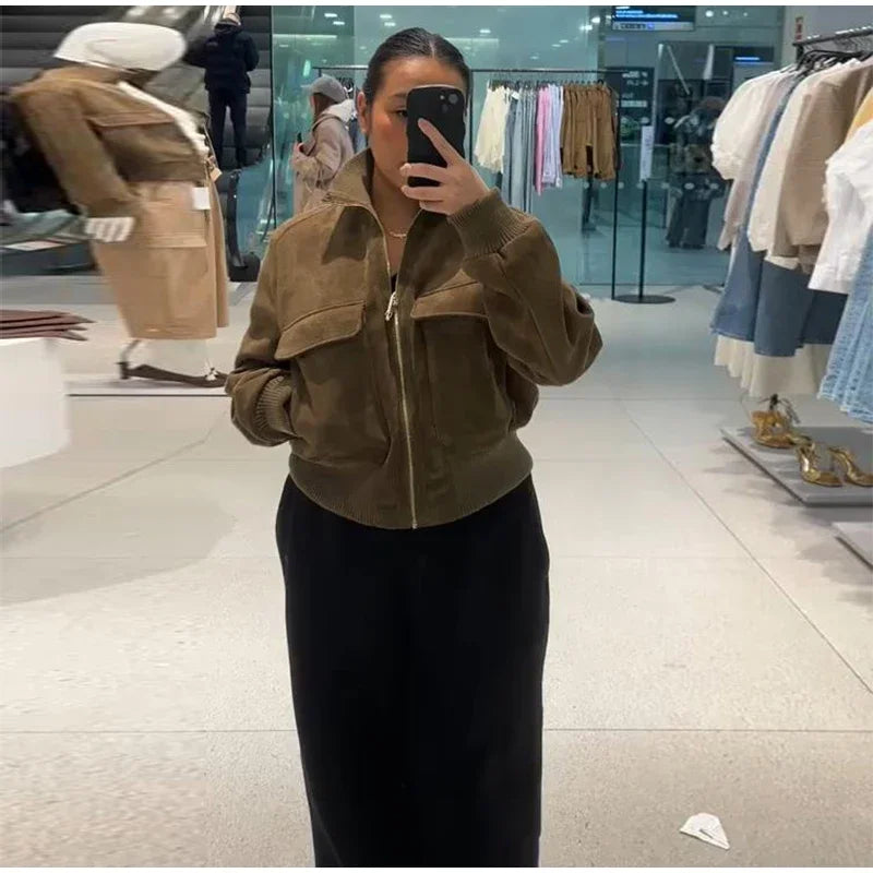 Vintage Suede Long Sleeve Jacket with Pockets for Women