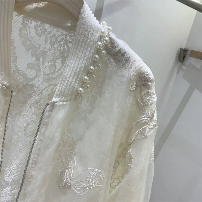 Bead Embroidered Round Neck Baseball Jacket For Women