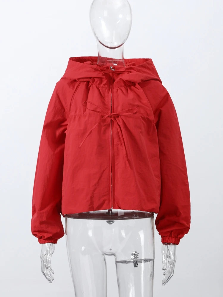 Hooded Zippered Stand Collar Lace-Up Jacket for Women