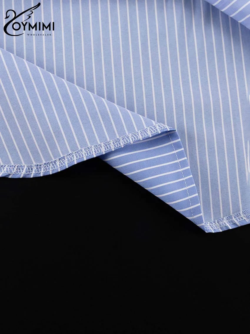 Oymimi Elegant Blue Striped Print Sets For Women 2 Pieces Fashion Long Sleeve Button Crop Tops And High Waist Pleated Skirts Set