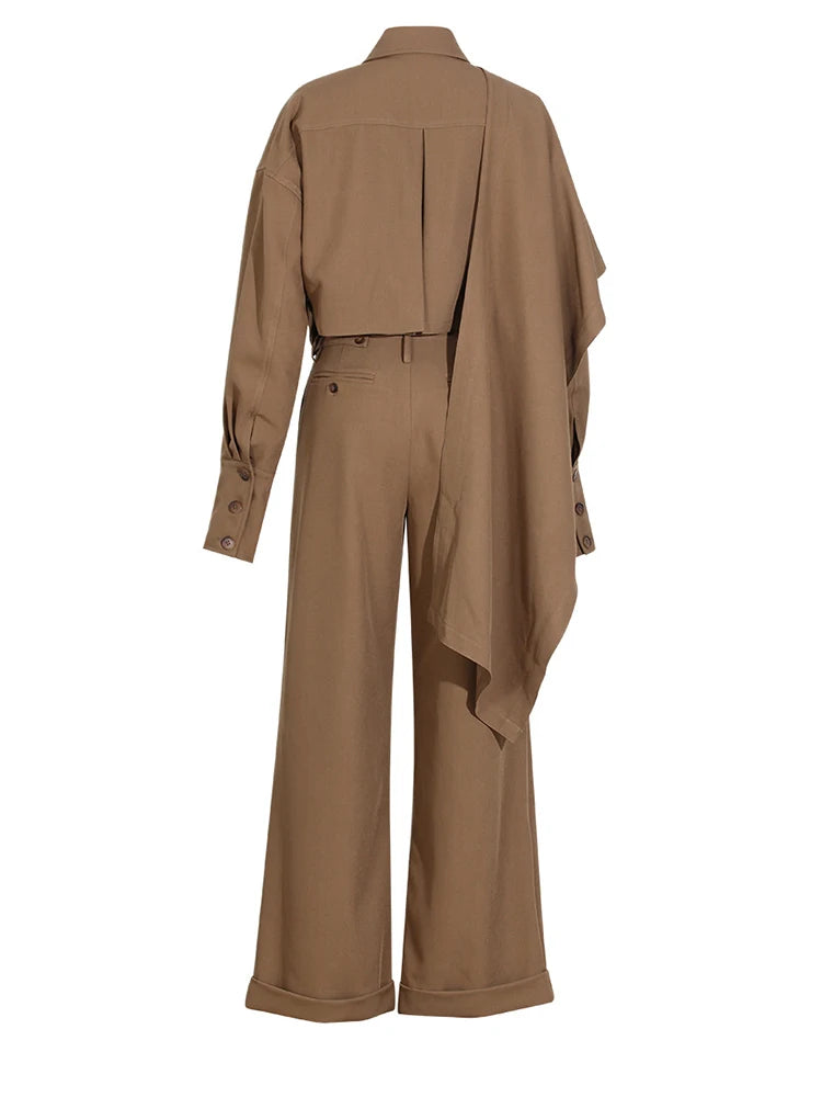 Caramel Shirt and Wide Leg Pants Two Piece Set for Women