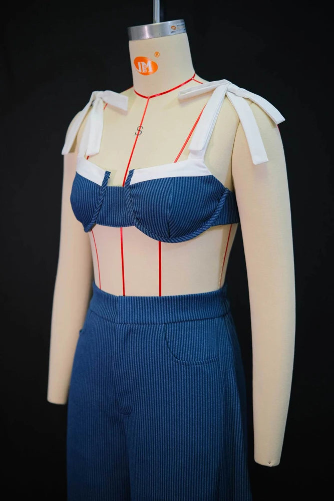Striped Bow Crop Top And Wide Leg Pants Set For Women