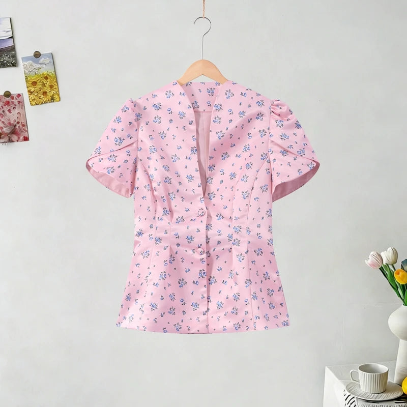 Elegant Printed Puff Sleeve Stand Collar Shirt for Women