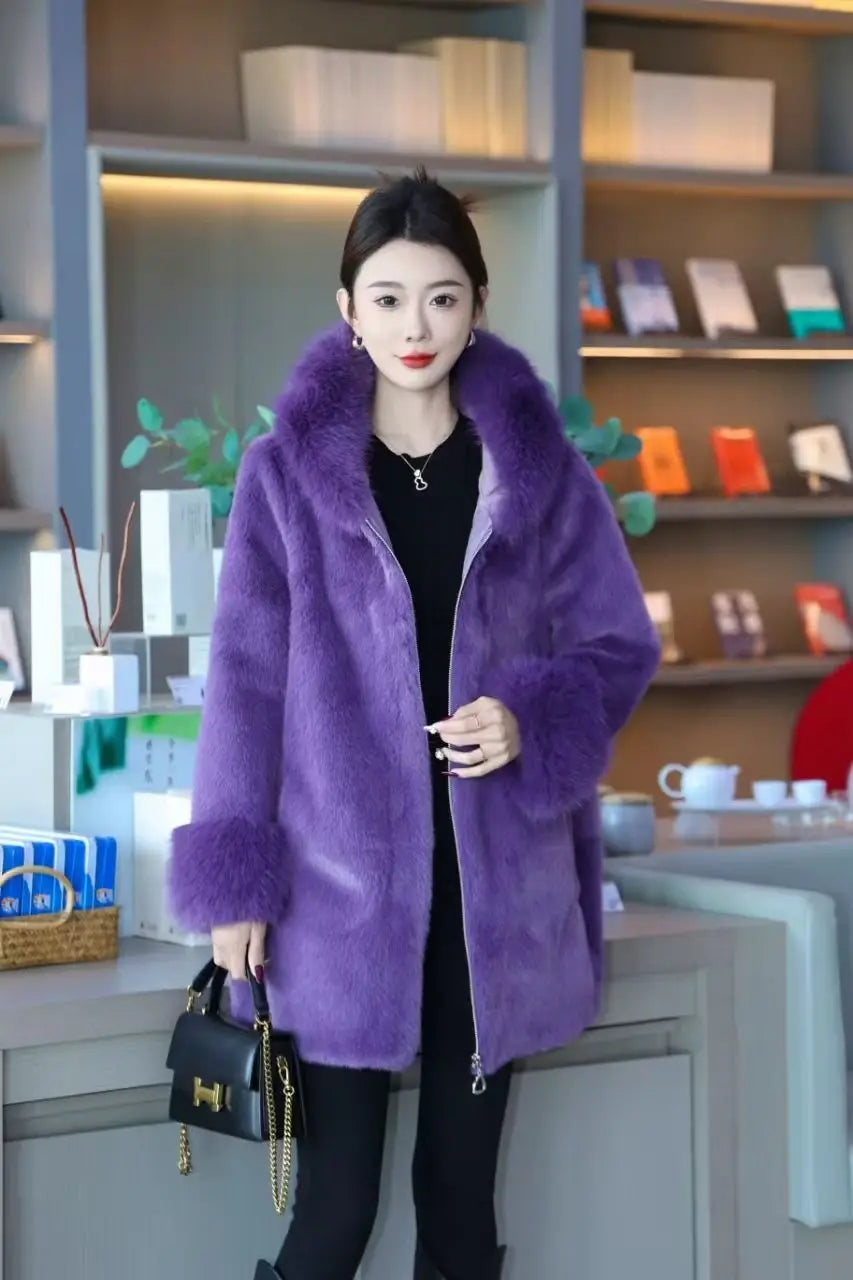 Faux Mink Fur Coat for Women,Zippers Jacket,Female Clothes,Fur Collar,Thick Warm,Autumn and Winter,2025