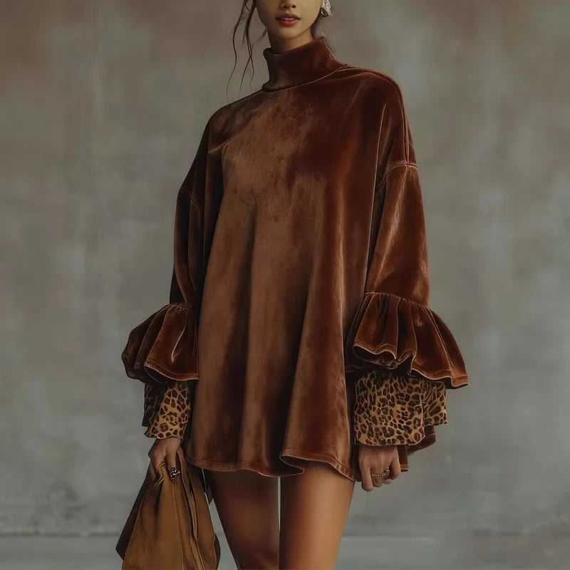 Autumn Winter Elegant Turtleneck Knitted Dress Women Sexy Lace Splicing Solid Color Short Dress Fashion Ruffle Draped Mini Dress
