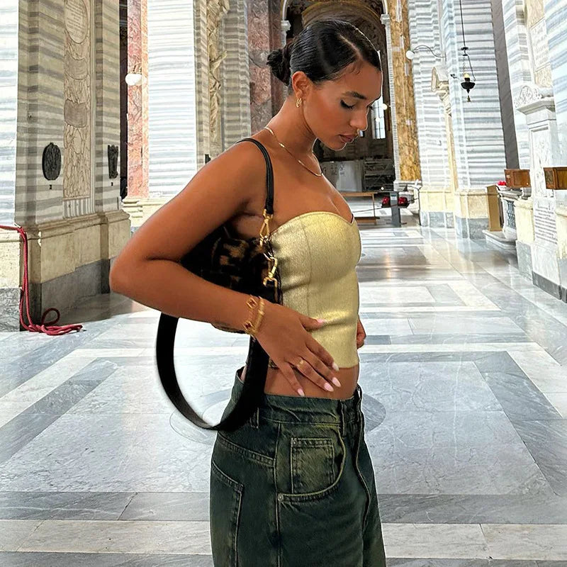Cryptographic Fashion Vintage Strapless Gold Crop Tops Party Club Outfits for Women Tube Vest Sexy Backless Bustier Tops Y2K