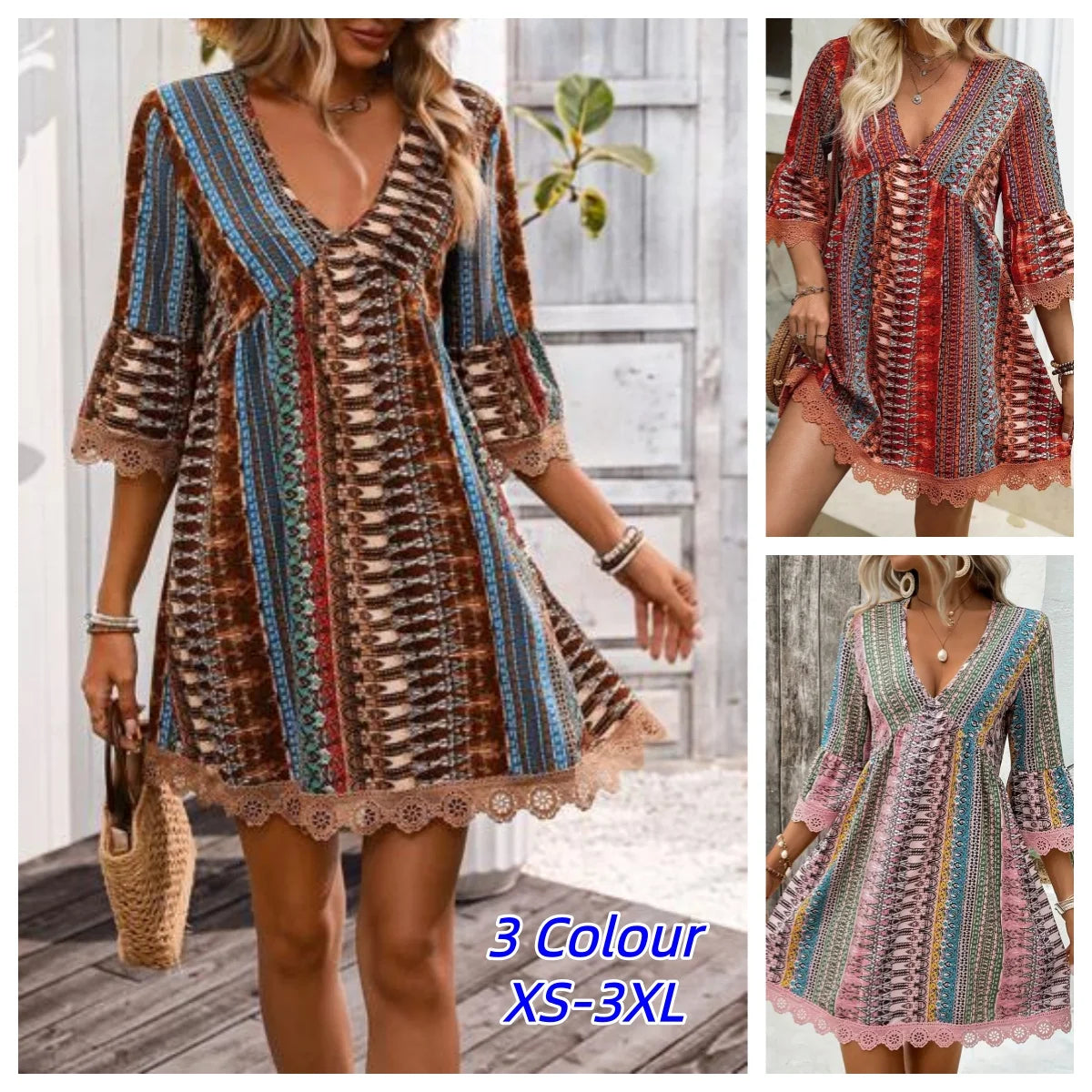 Vintage Floral Print V Neck Long Sleeve Dress For Women