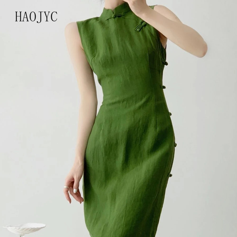 Moss Green Retro Chinese Style Cheongsam Dress for Women