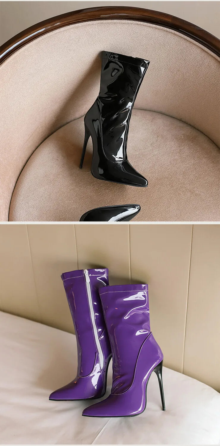 Pointed Toe Soft Patent Leather Side Zipper Stiletto Ankle Boots for Women