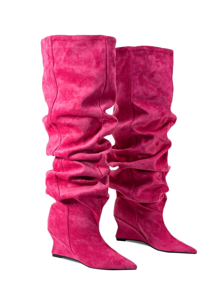 Pointed Toe Denim Over-The-Knee With Wedge Boots for Women