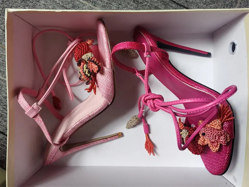 Pink Lace-Up Ankle Wrap Stiletto Sandals for Women
