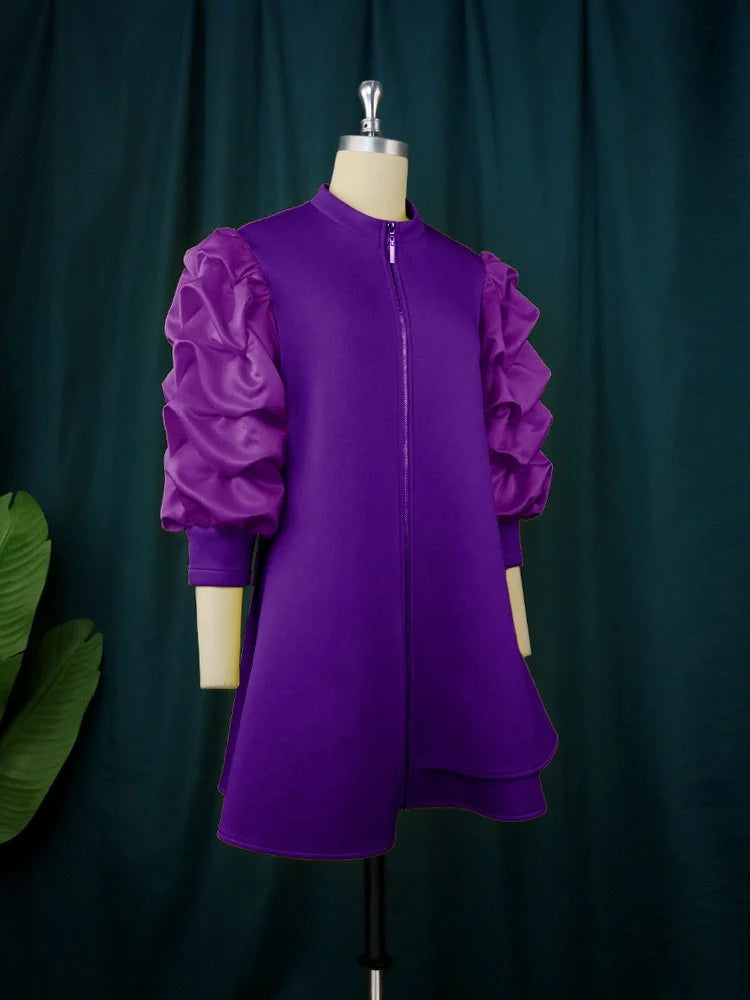 Wmstar Plus Size Dresses for Women Elegant Lady Loose Purff Zipper Up Long Sleeve Party Mini Dress Wholesale Dropshipping 2024