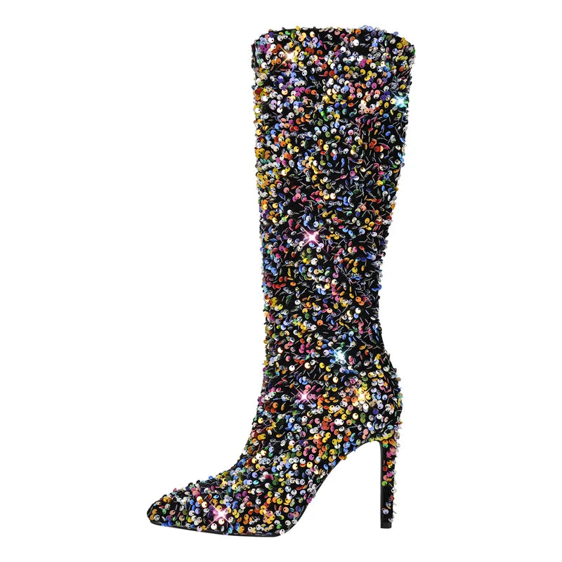 Winter Warm Pointed Toe Stiletto High Heel Mid Calf Faux Fur Boots for Women