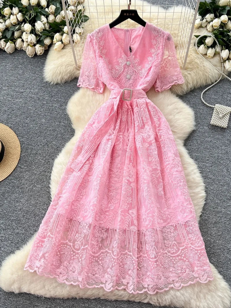 Elegant Lace Embroidery A Line Midi Dress for Women