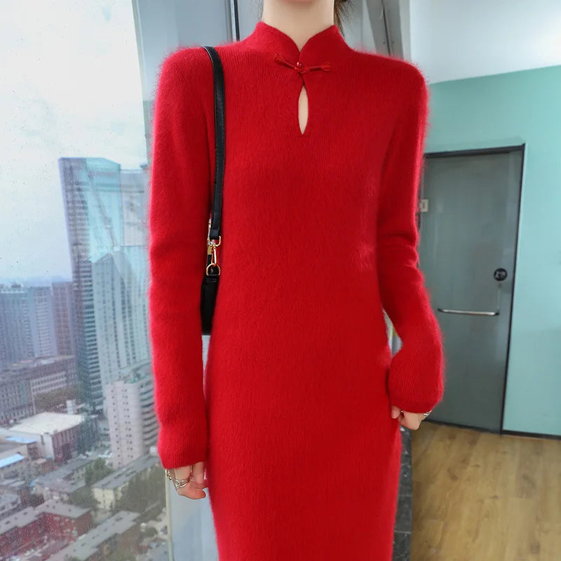 Cashmere Knit Dress with Stand Up Collar and Buckle for Women
