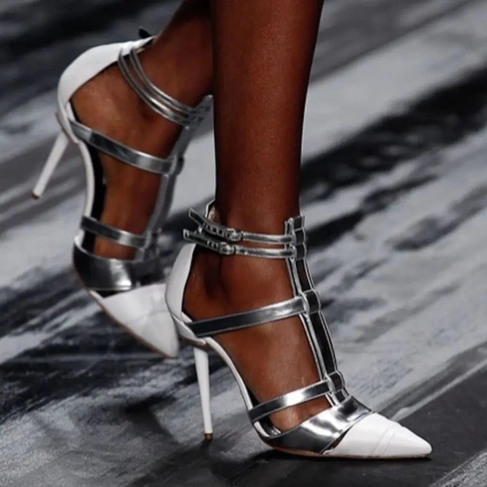 Metallic Silver Leather Pointed Sandals