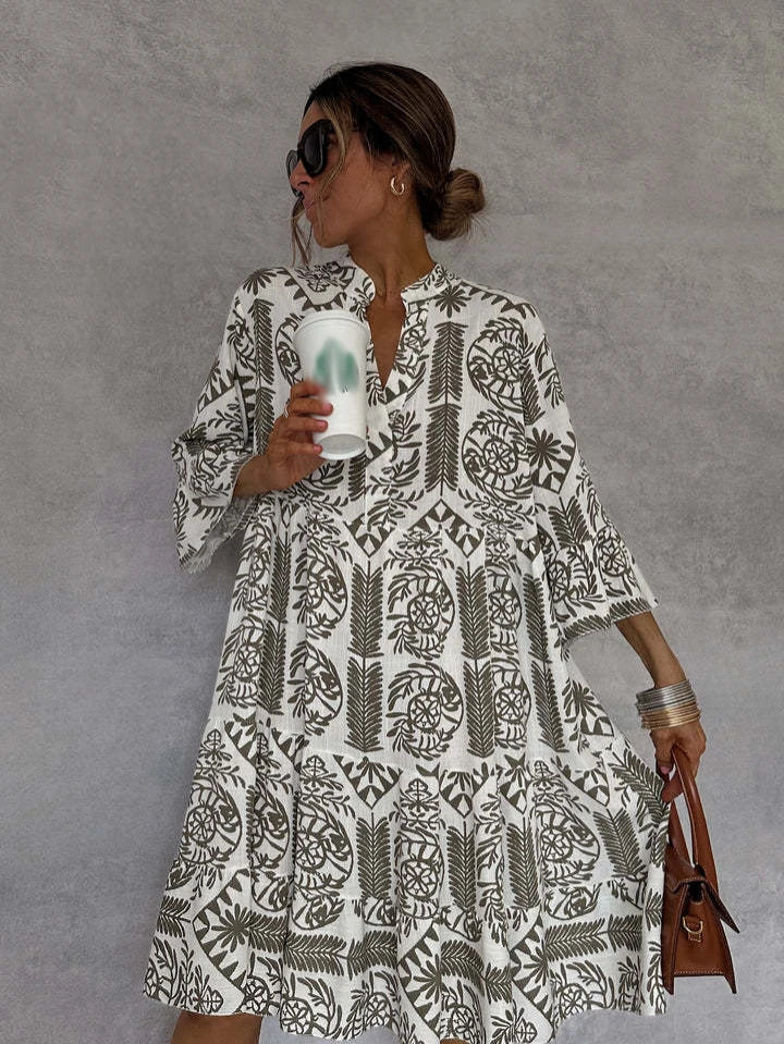 Casual Bohemian Print With V Neck Slit Dresses for Women