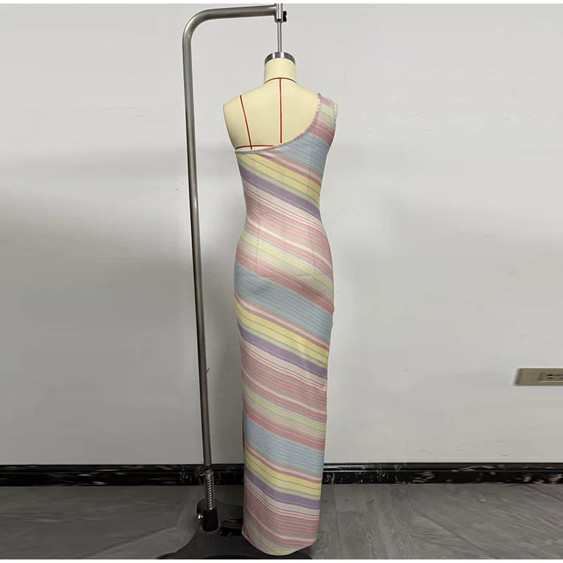 Elegant One Shoulder Printed Mid-Calf Dress for Women