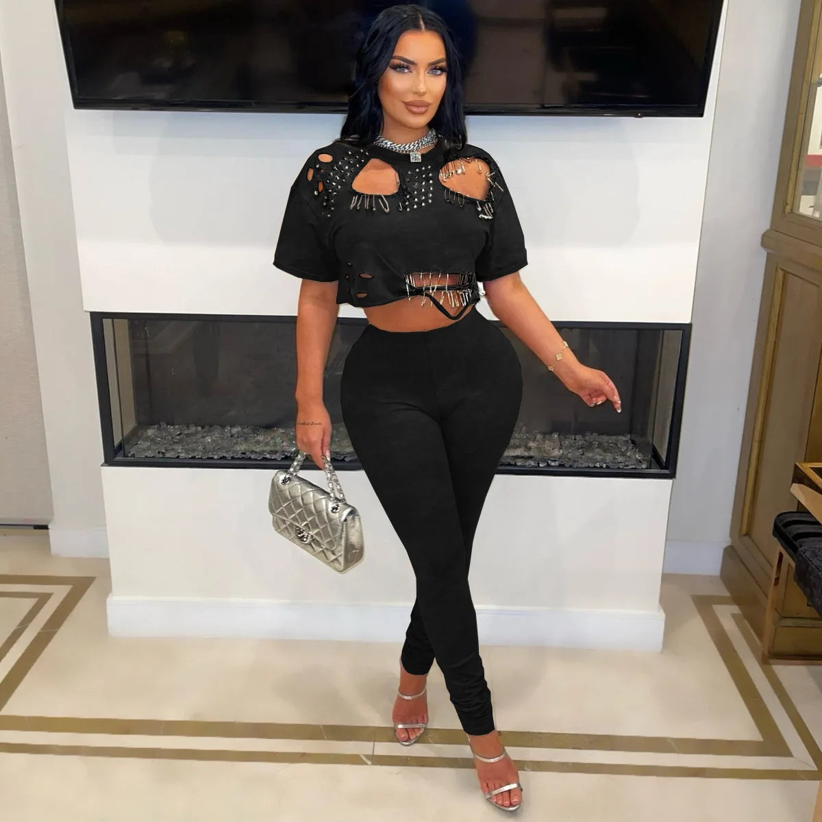 Casual Short Sleeve Hollow Out Two-Piece Tracksuit for Women