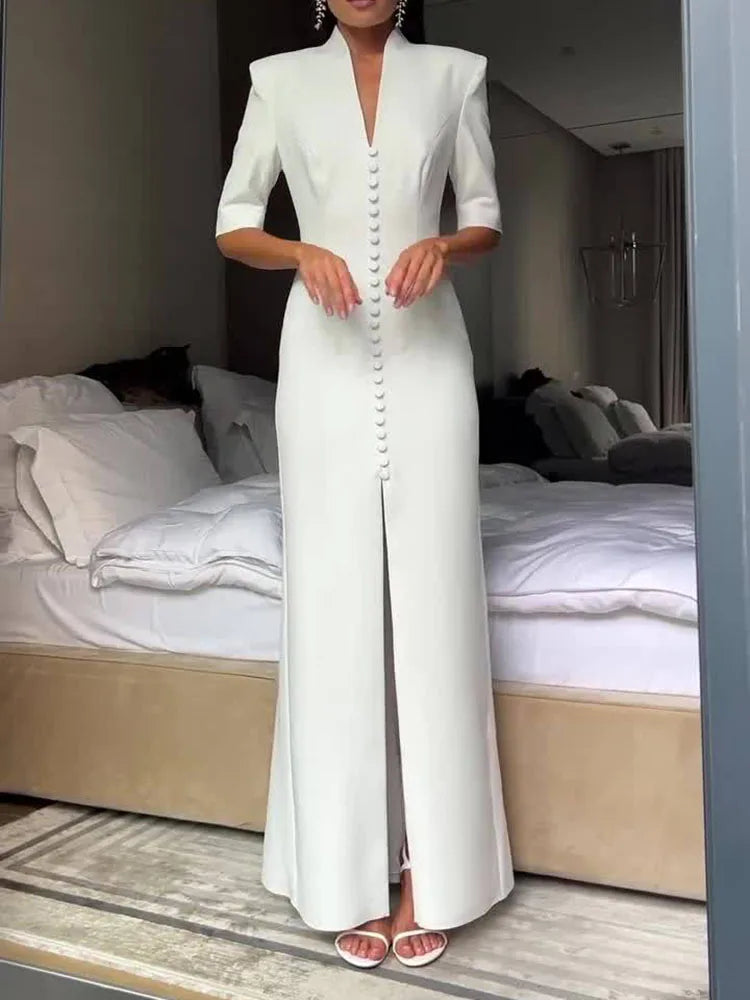 New Fashion Evening Gowns White Elegant Skinny Split Dress Woman Stand Collar Short Sleeve Single Breasted Shoulder Pad Vestidos