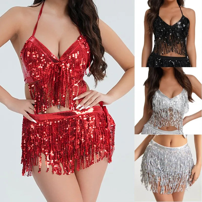 Sequined Tassel Latin Dance Crop Top and Skirt Set for Women