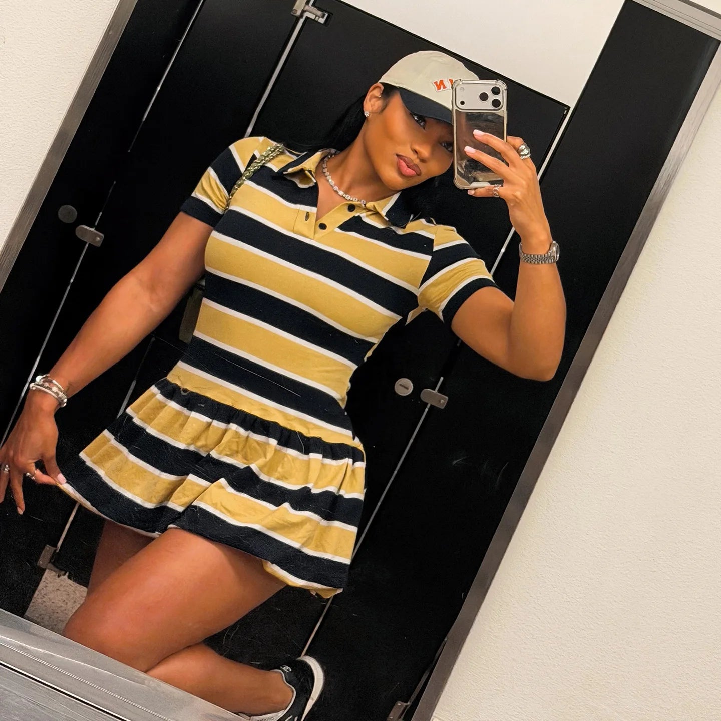 Vibrant Yellow Striped Patchwork Mini Dress for Women