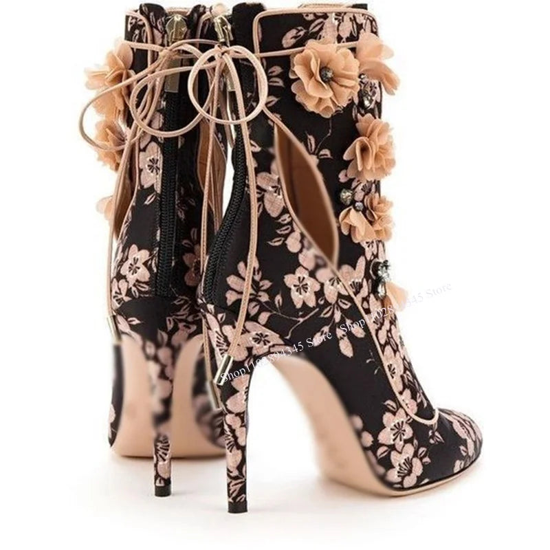 Black Floral Lace Up Pointed Toe Ankle Boots For Women
