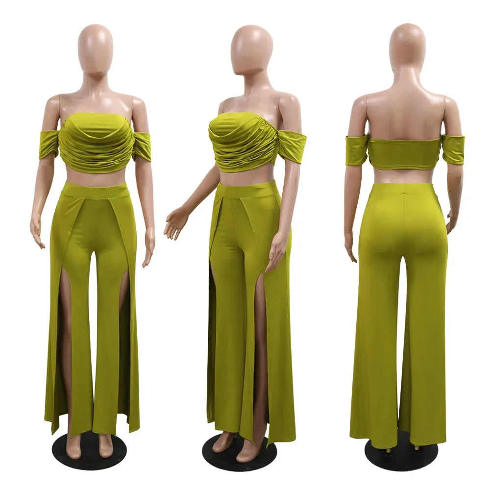 Ruched Slash Neck Top and Wide Leg Pants Set for Women