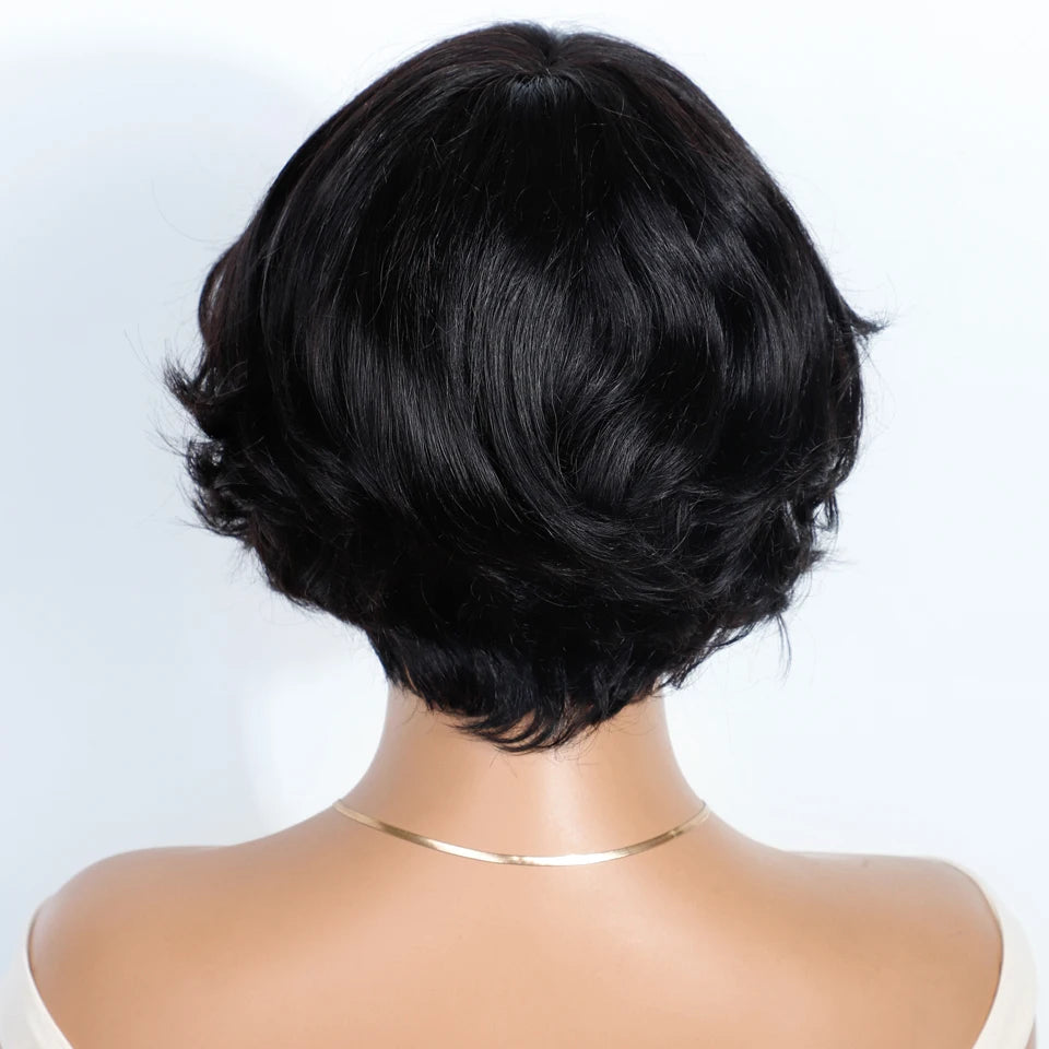 Remy Human Hair Short Pixie Cut Wavy Bob Lace Closure Wig for Women