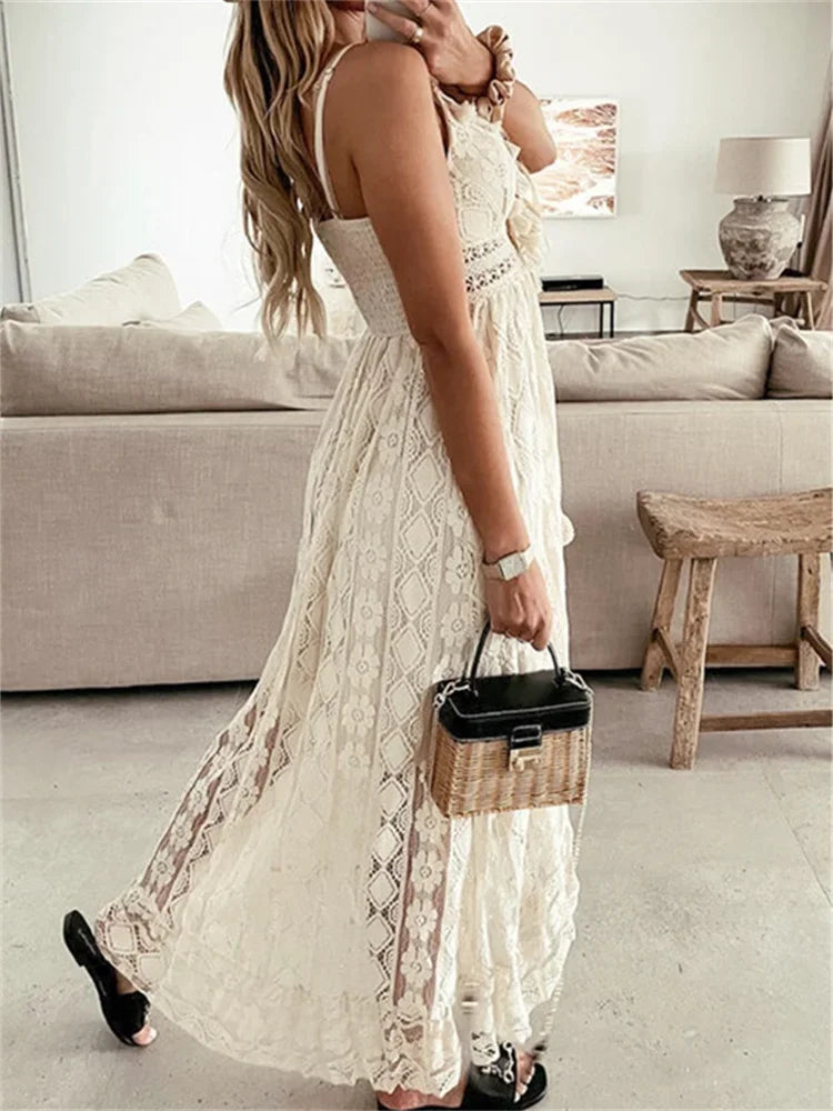 Lace White Sleeveless V Neck Flowy Ruffle Long Dress for Women