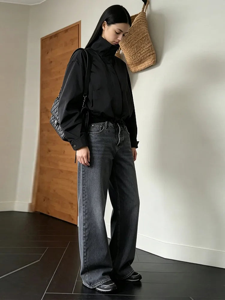 Casual Solid Jacket With Stand Collar And Pockets for Women