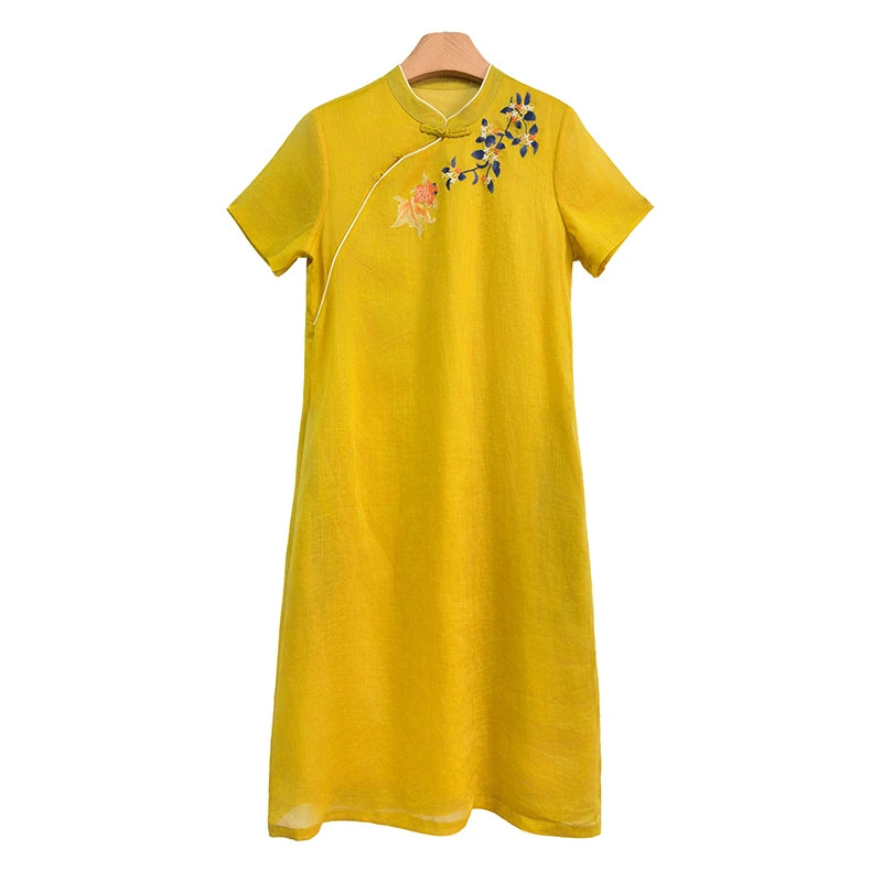 Linen Mandarin Collar Embroidered Cheongsam Dress for Women