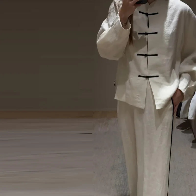Casual Cotton Coat And Wide Leg Trouser Set for Women