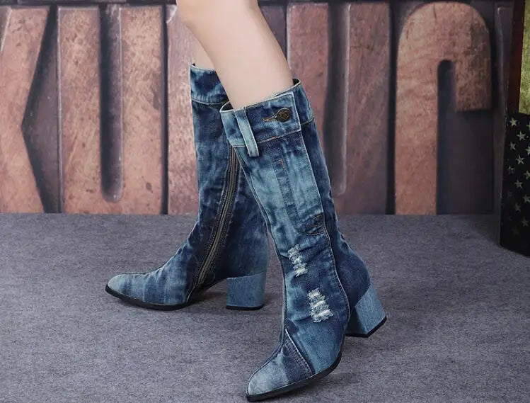 Vintage Square Heel Mid-Calf Boots With Zipper For Women