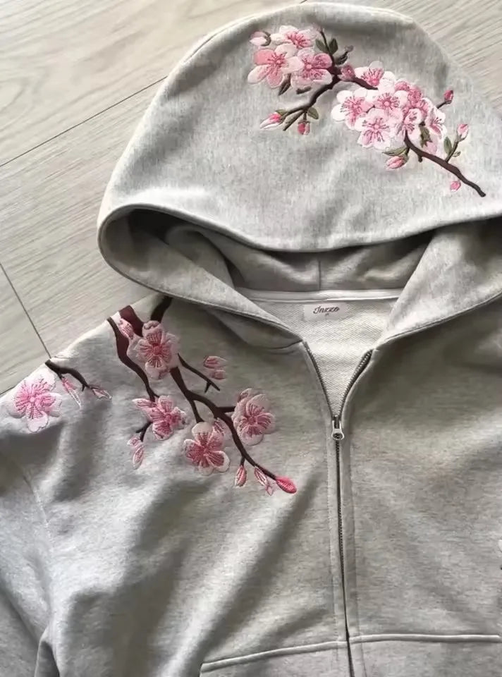 American Vintage Y2K Cherry Blossom Embroidered Hooded Jacket Womens Pink Zipper Coat with Floral Tree Graphic Streetwear
