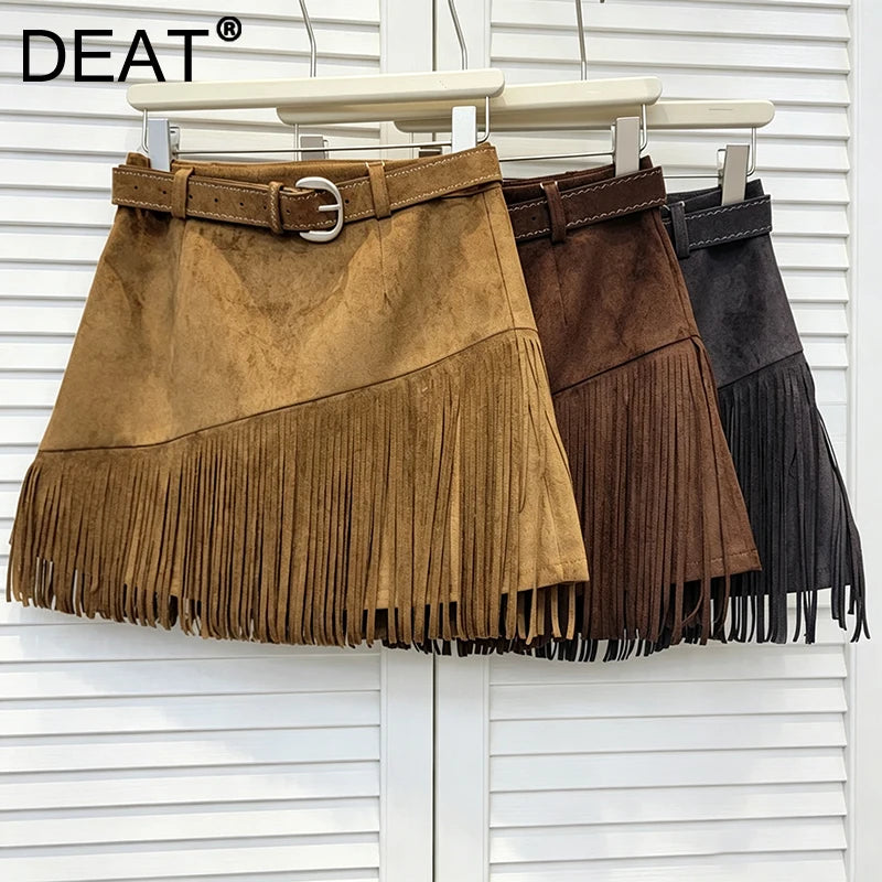 Vintage Brown Irregular Hem Faux Suede High Waist Mini Skirt For Women
