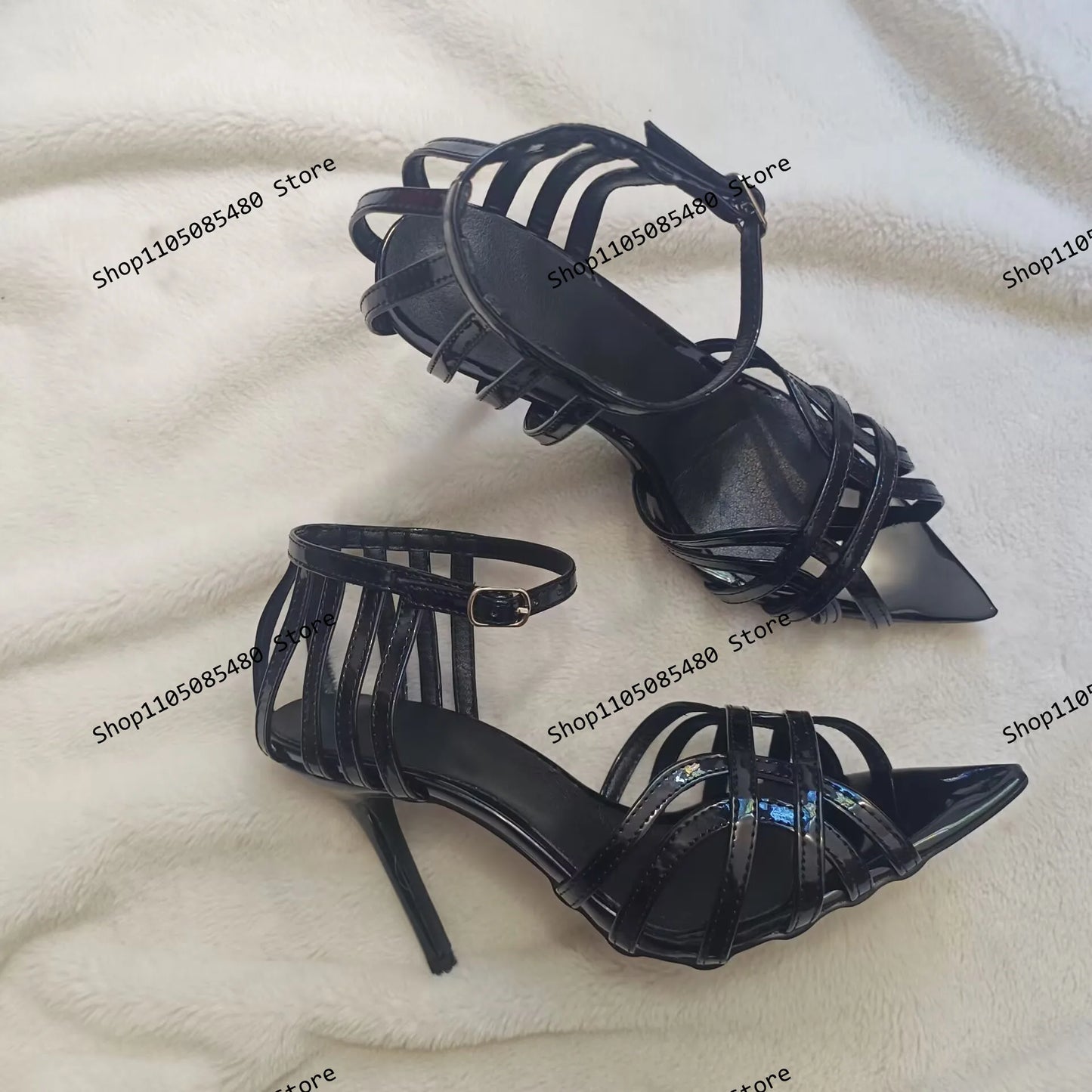 Black Patent Leather Cross Strap Caged Pointed Toe High Heel Sandals for Women