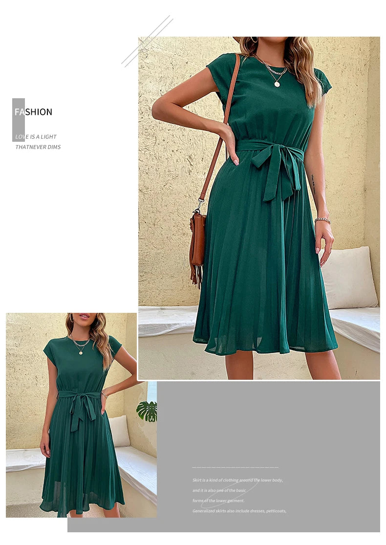 Chic Casual Pleated Short Sleeve Midi Dress for Women