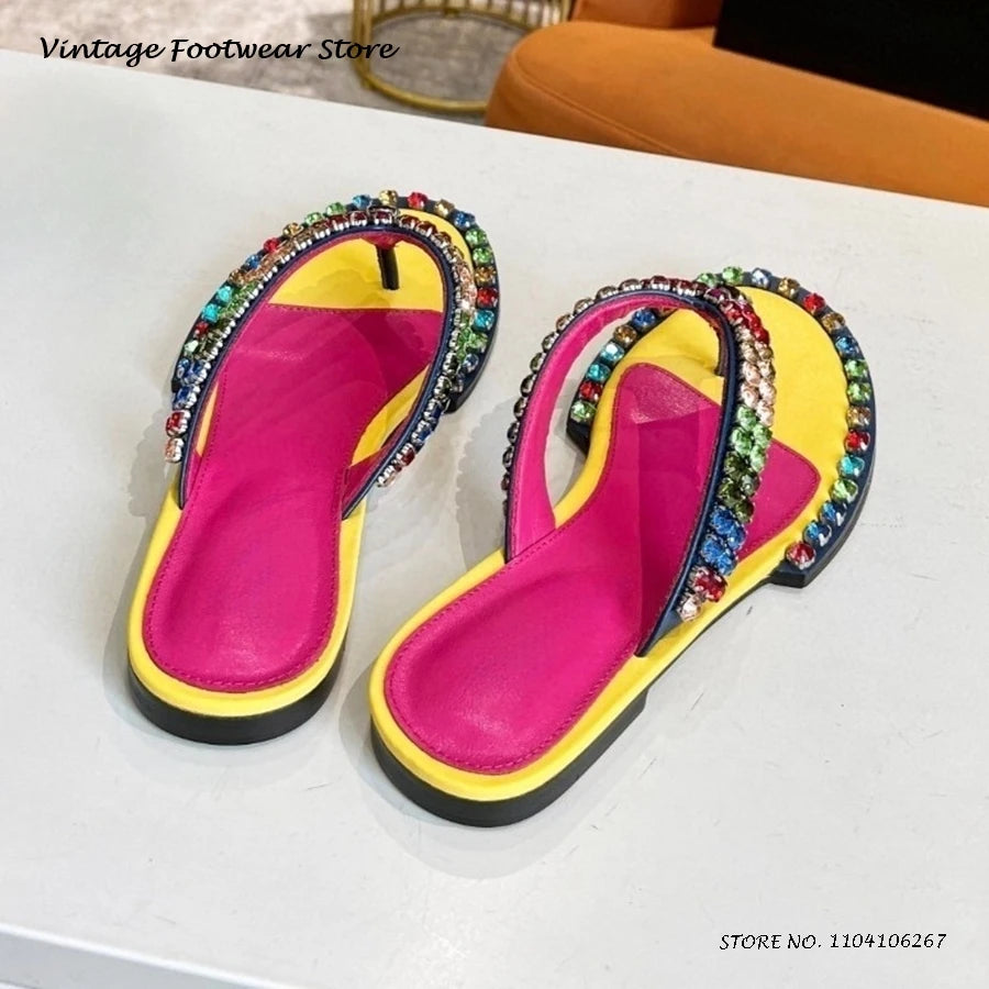 Colorful Crystal Embellished Flat Flip Flops for Women