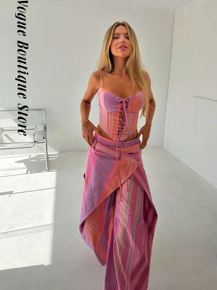 Striped Patchwork Vest and Asymmetric Trousers Set for Women
