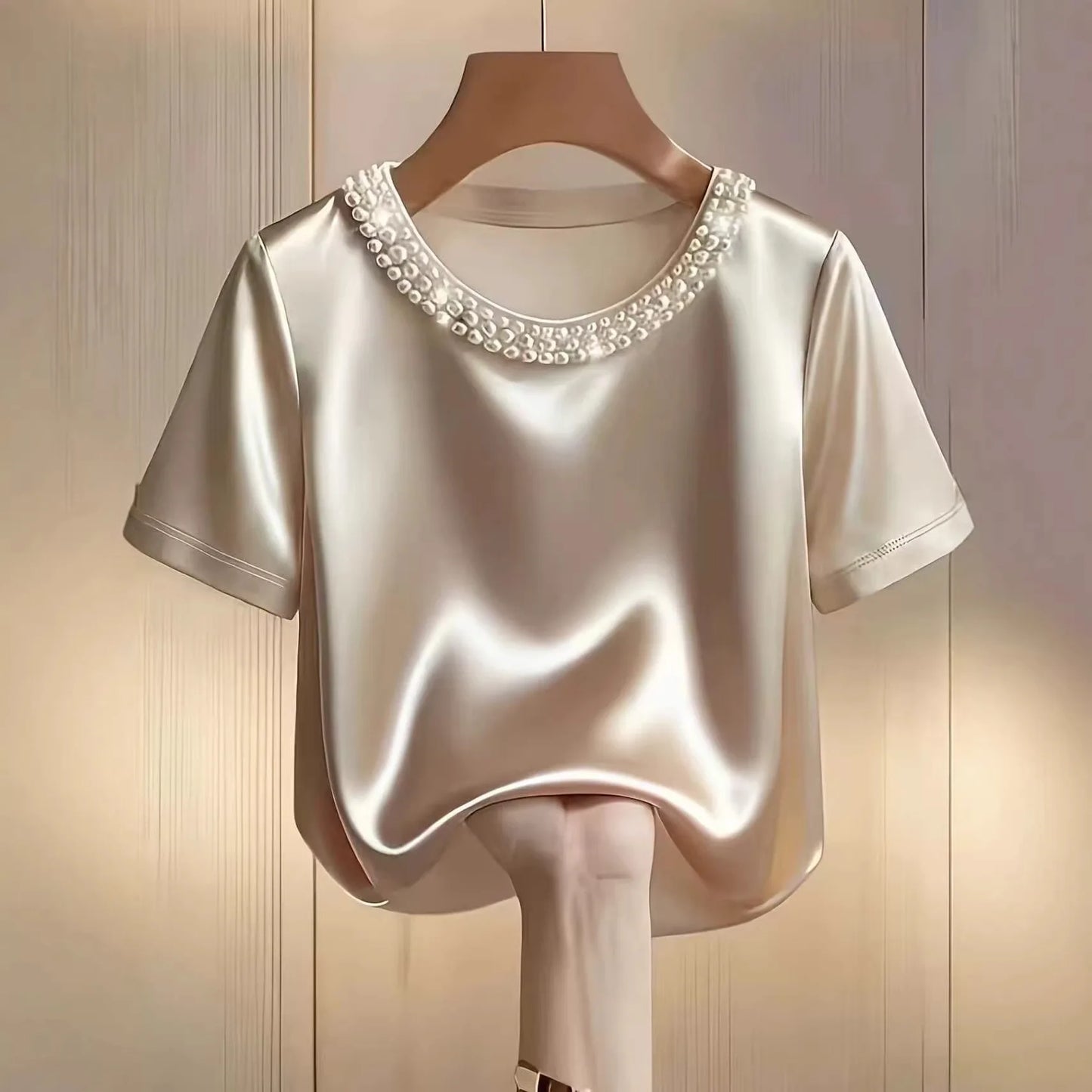 Satin Round Neck Pearl Beaded Decor Short Sleeve Top for Women
