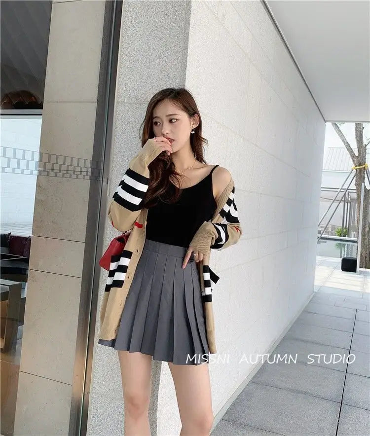 Women's Coat Spring and Autumn Classic Striped Color-block V-neck Mid-length Knitted Cardigan Loose Sweater Coat