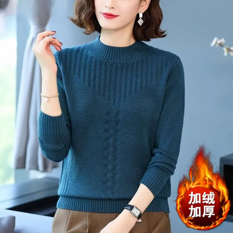 2025 Autumn New Mom's Velvet And Warm Knitted Embroidered Bottom Shirts Imitation Mink Fleece Winter Inner Plsh Thick Pullover