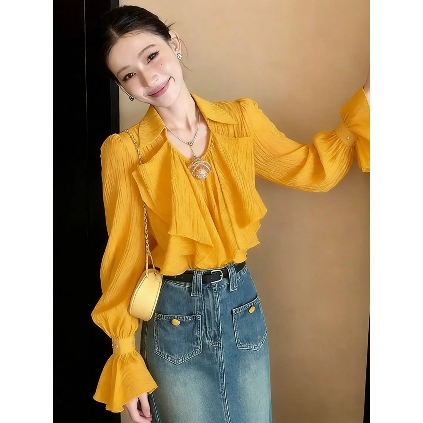 French Niche Ruffle Detail Loose Fit Shirt in Yellow for Women