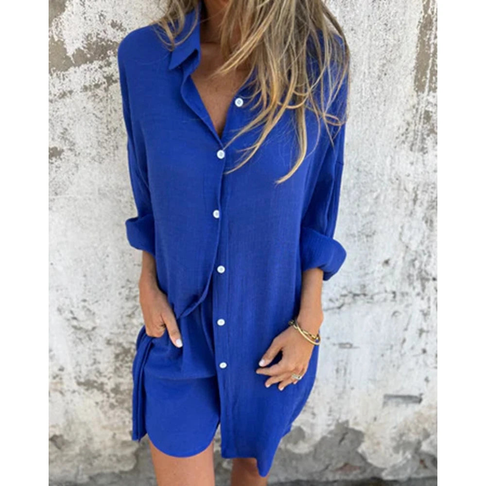 Ruched Turn-down Collar Long Sleeve Buttoned Top and Shorts Set Two Pieces Summer Outfits