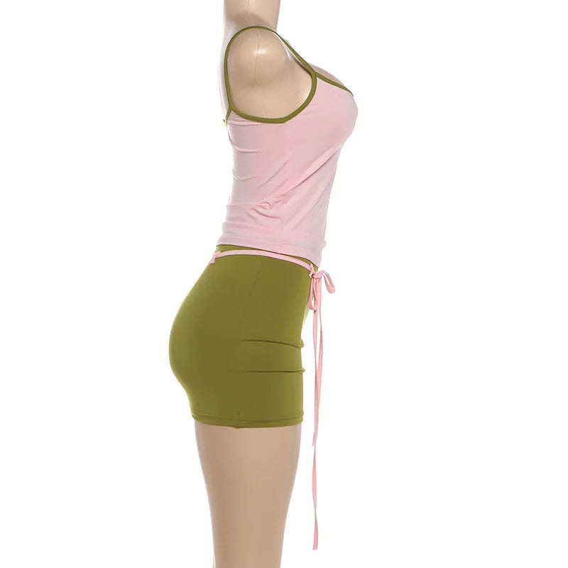 Color Blocking Two Piece Set Backless Camisole And Tassel Skirt for Women