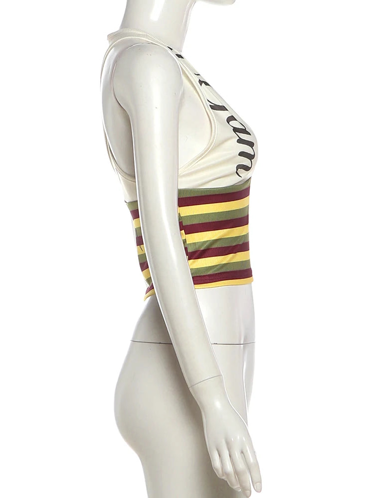 Patchwork Stripe V Neck Backless Tank Top for Women